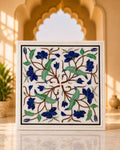14-Inch Square Floral Inlay White Marble Side Table