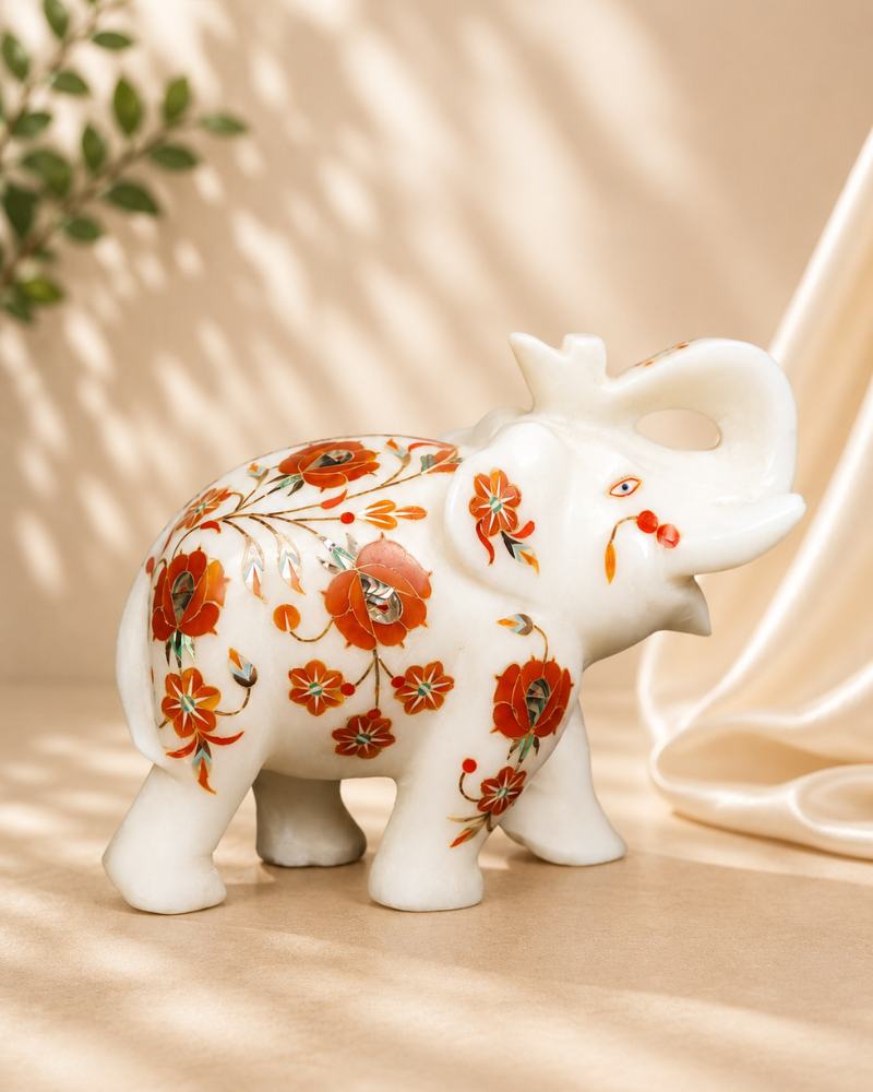 7-Inch Orange Floral Inlay White Marble Elephant