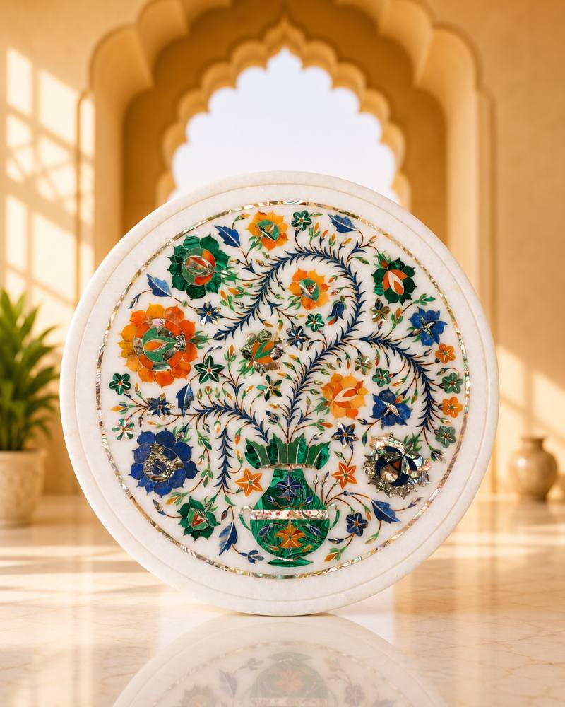 12-Inch Round Floral Vase Inlay White Marble Side Table