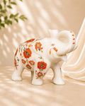 7-Inch Orange Floral Inlay White Marble Elephant