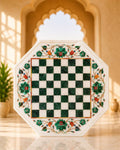 12-Inch Octagonal White Marble Chess Table with Green Inlay Border