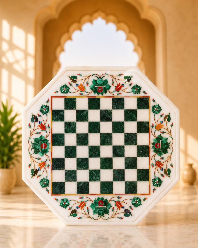 12-Inch Octagonal White Marble Chess Table with Green Inlay Border