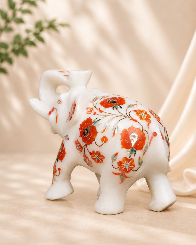 7-Inch Orange Floral Inlay White Marble Elephant