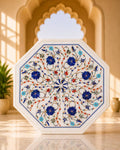 12-Inch Octagonal Floral Inlay White Marble Side Table