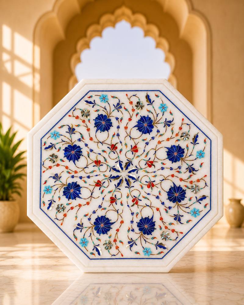 12-Inch Octagonal Floral Inlay White Marble Side Table