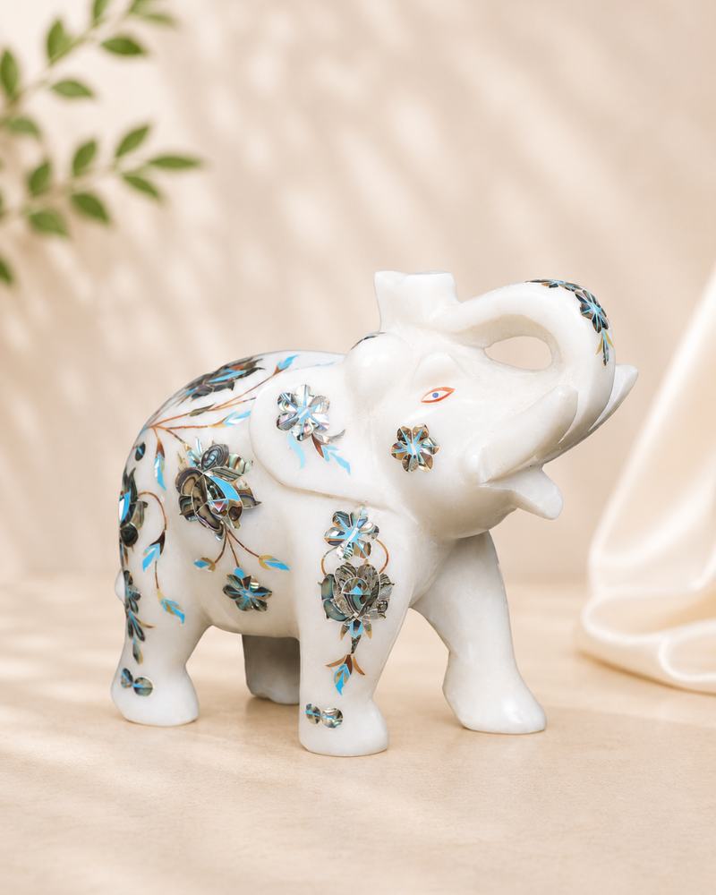 7-Inch Radiant Floral Inlay White Marble Elephant