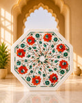 Artisanal 12-Inch Octagonal White Marble Side Table with Red Floral Motif