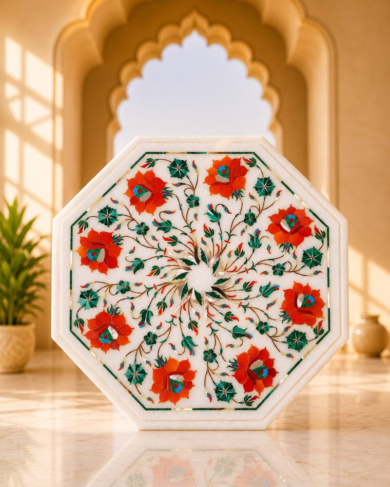 Artisanal 12-Inch Octagonal White Marble Side Table with Red Floral Motif