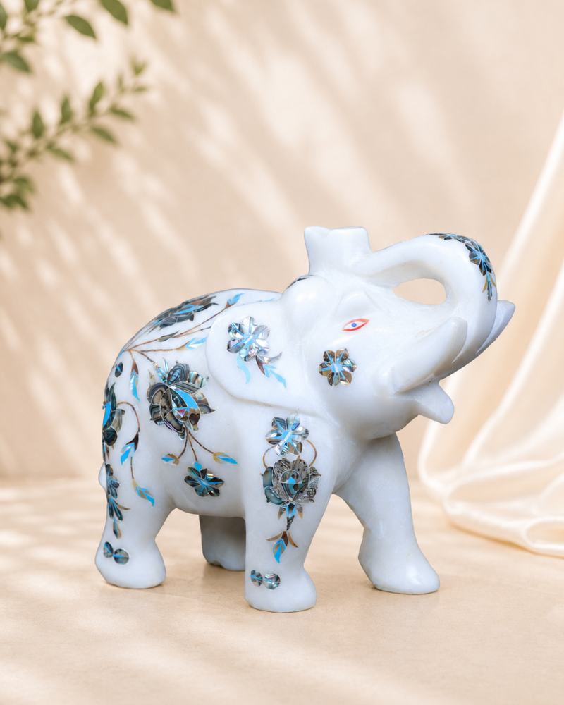 7-Inch Radiant Floral Inlay White Marble Elephant