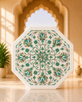 12-Inch Octagonal Mother-of-Pearl and Green Inlay White Marble Side Table