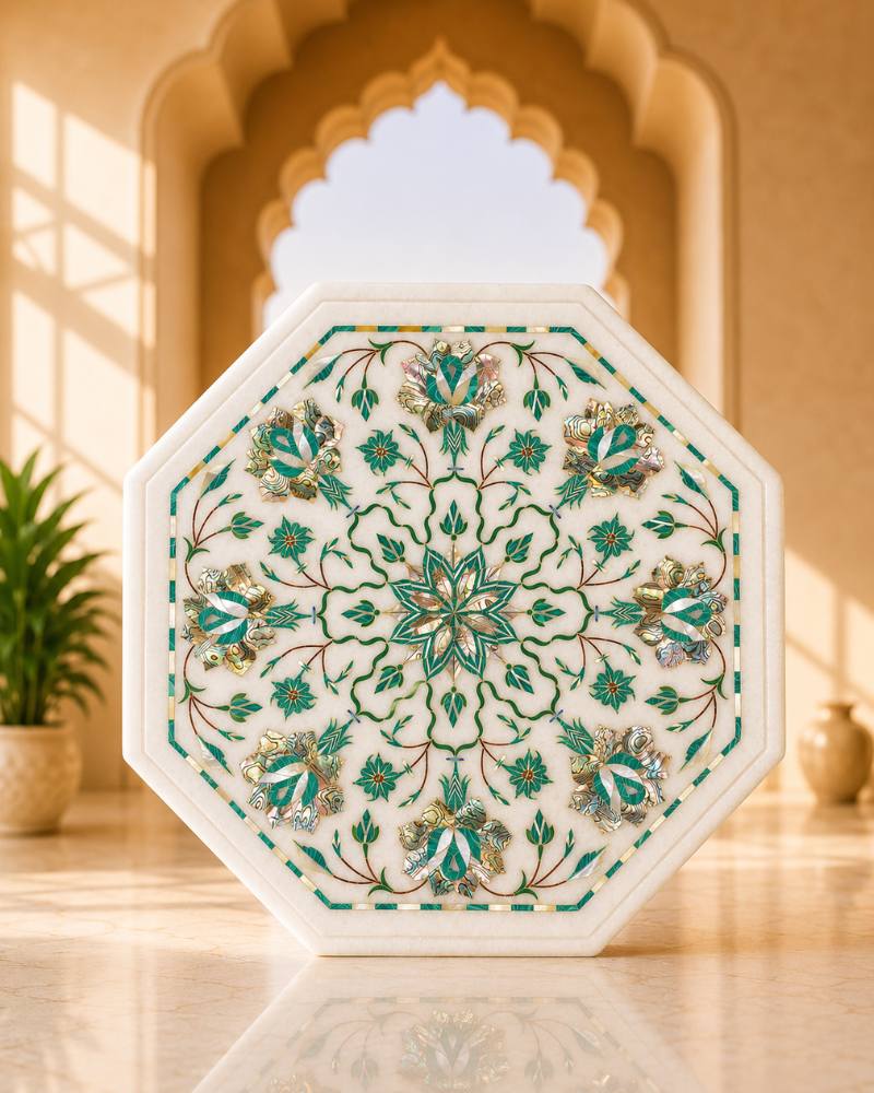 12-Inch Octagonal Mother-of-Pearl and Green Inlay White Marble Side Table
