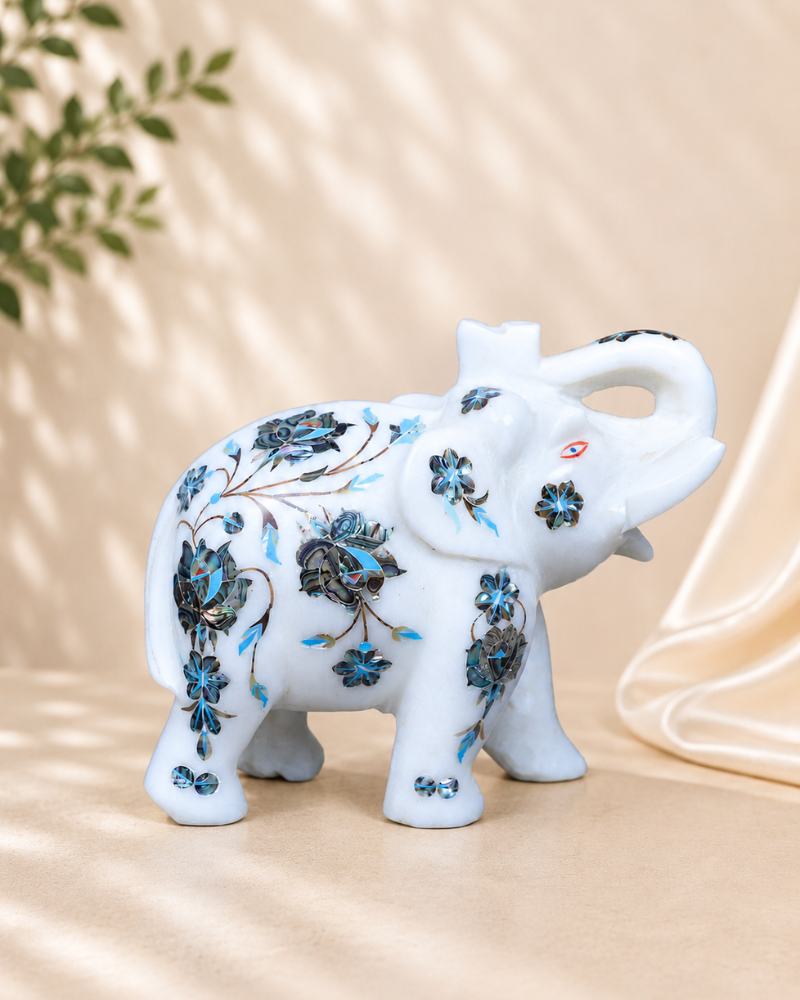 7-Inch Radiant Floral Inlay White Marble Elephant