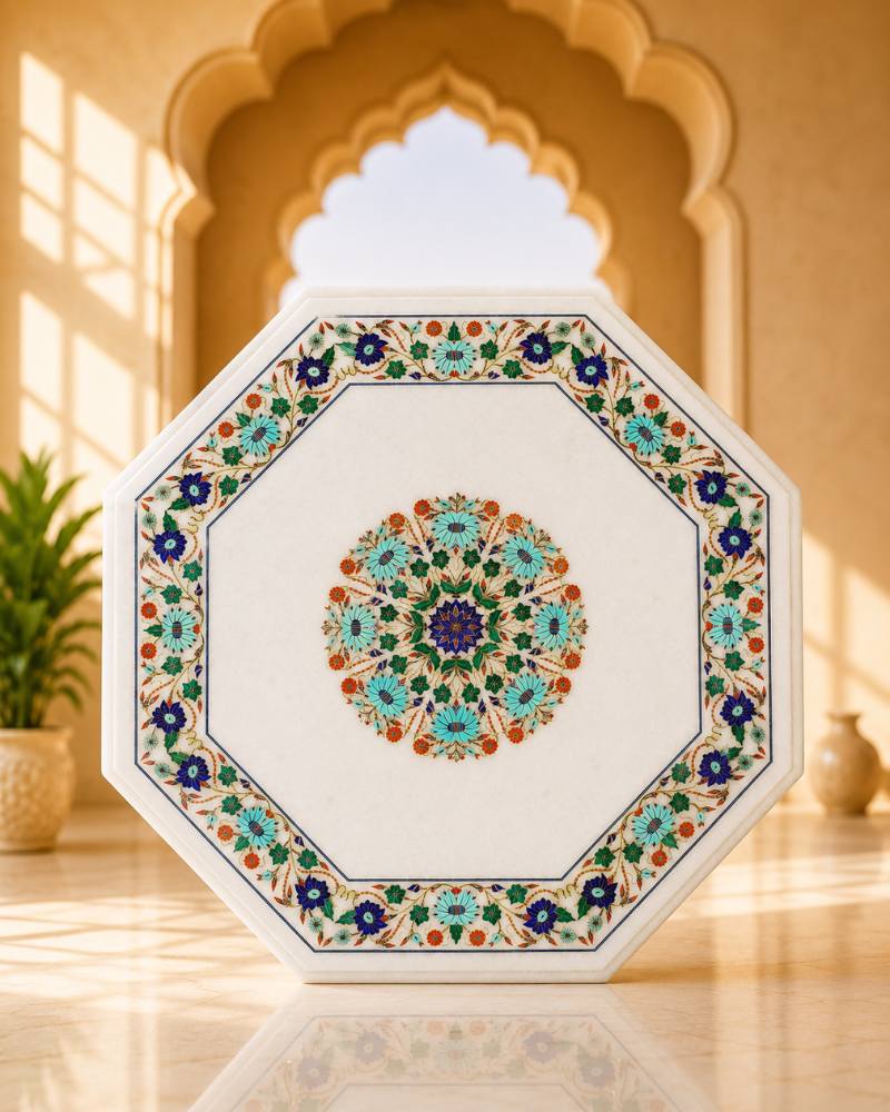 Premium 22-Inch Octagonal White Marble Coffee Table with Floral Medallion