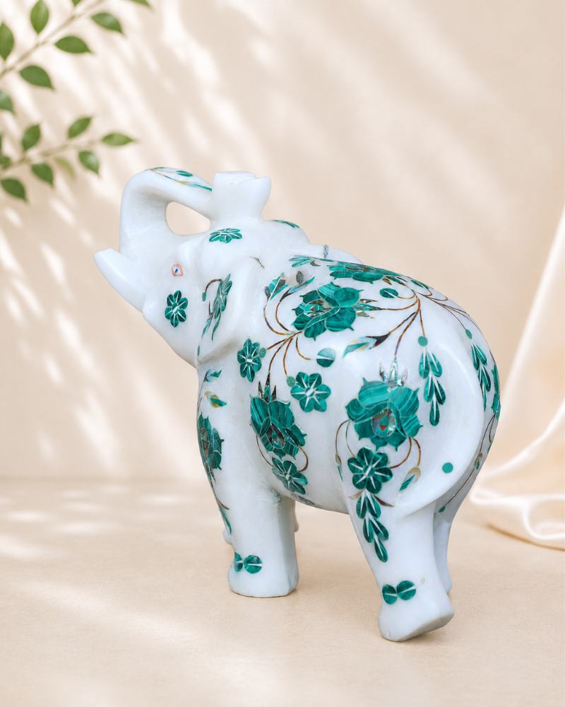 7-Inch Emerald Floral Inlay White Marble Elephant