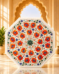 Artisanal 20-Inch Octagonal White Marble Coffee Table with Vibrant Floral Inlay