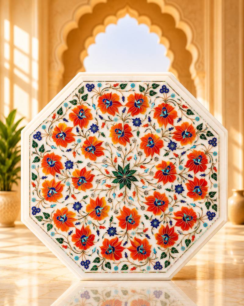 Artisanal 20-Inch Octagonal White Marble Coffee Table with Vibrant Floral Inlay
