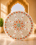 Artisanal 19-Inch Round White Marble Side Table with Lattice Floral Inlay