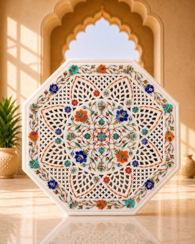 Elegant 15-Inch Octagonal White Marble Side Table with Lattice Floral Inlay