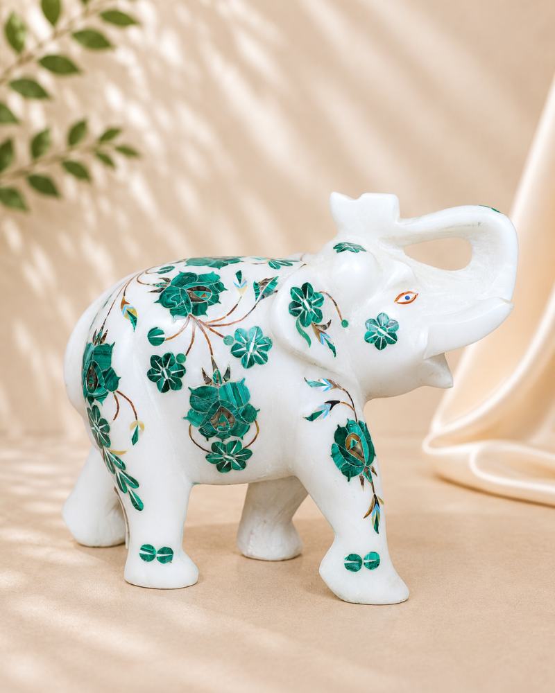 7-Inch Emerald Floral Inlay White Marble Elephant
