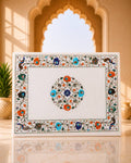 Artistic 18x24-Inch Rectangular White Marble Coffee Table with Floral Inlay