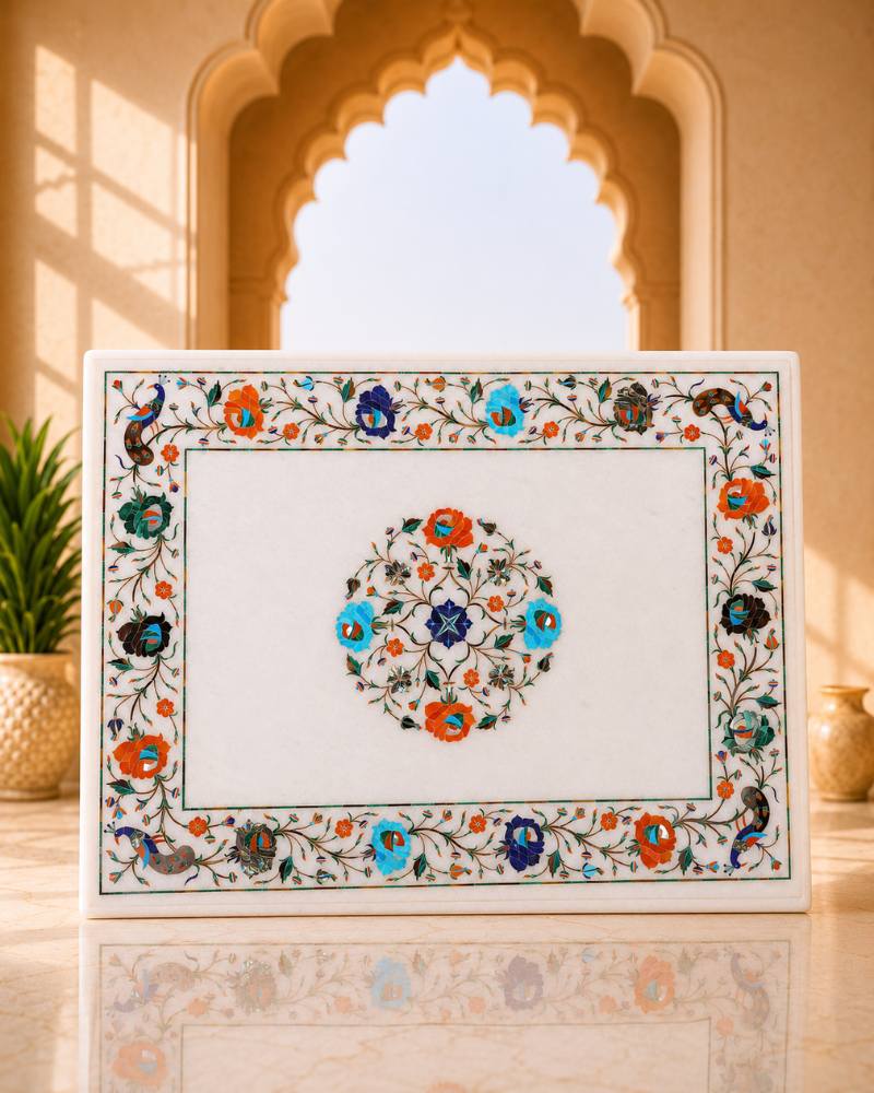 Artistic 18x24-Inch Rectangular White Marble Coffee Table with Floral Inlay