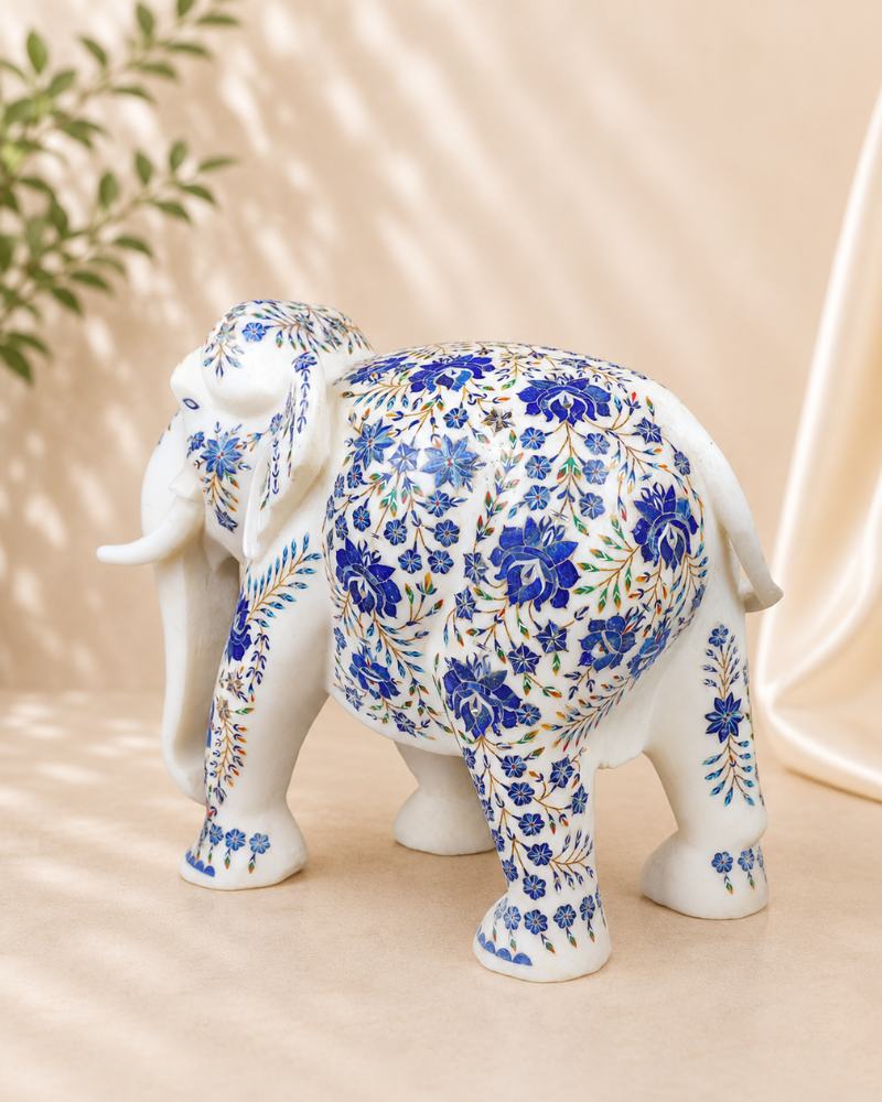 14-Inch Grand Blue Floral Inlay White Marble Elephant