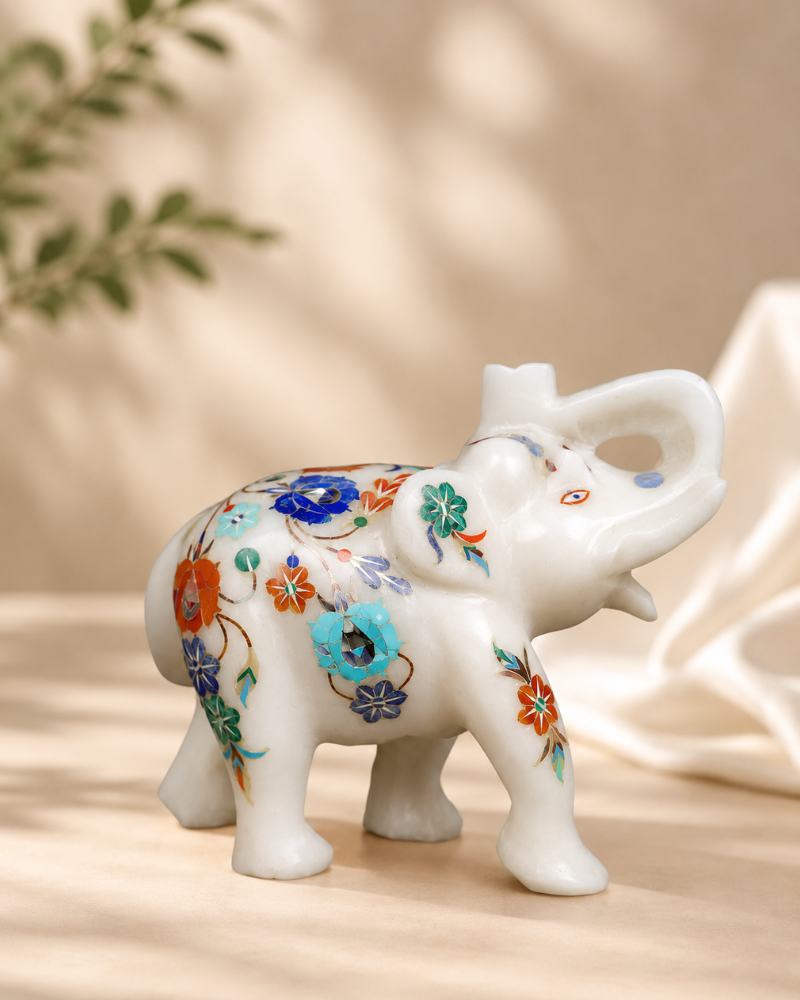 7-Inch Multi-Color Floral Inlay White Marble Elephant
