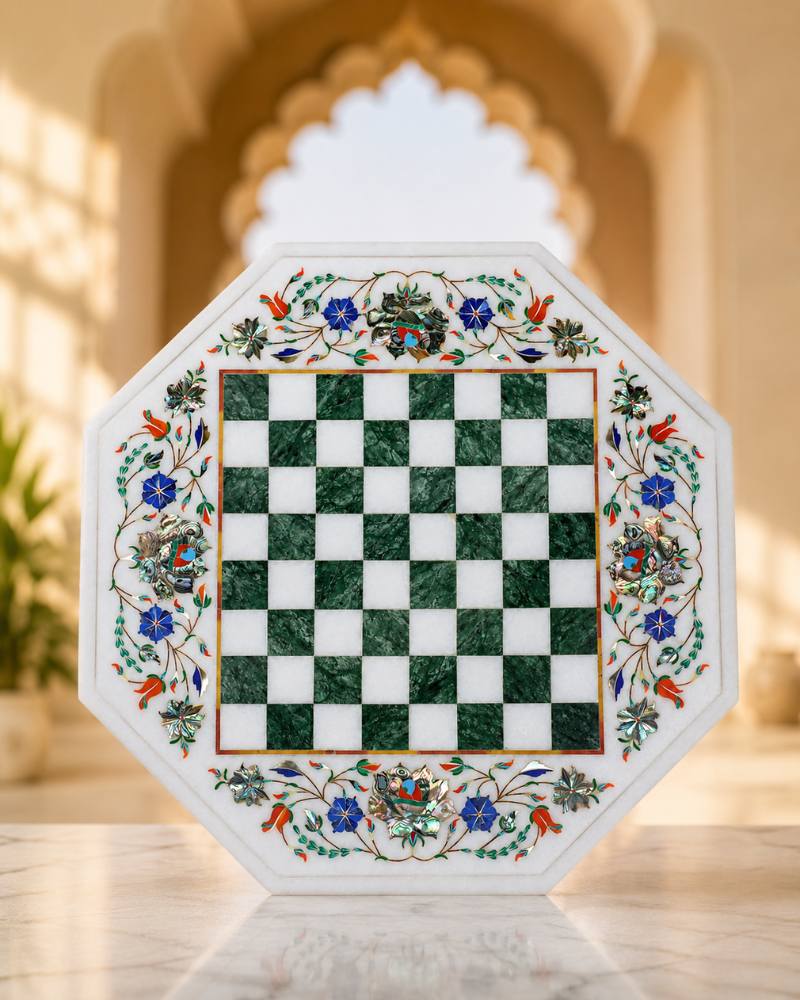 Artisanal 15-Inch Octagonal White Marble Chess Table Top