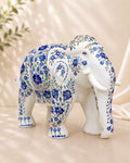 14-Inch Grand Blue Floral Inlay White Marble Elephant