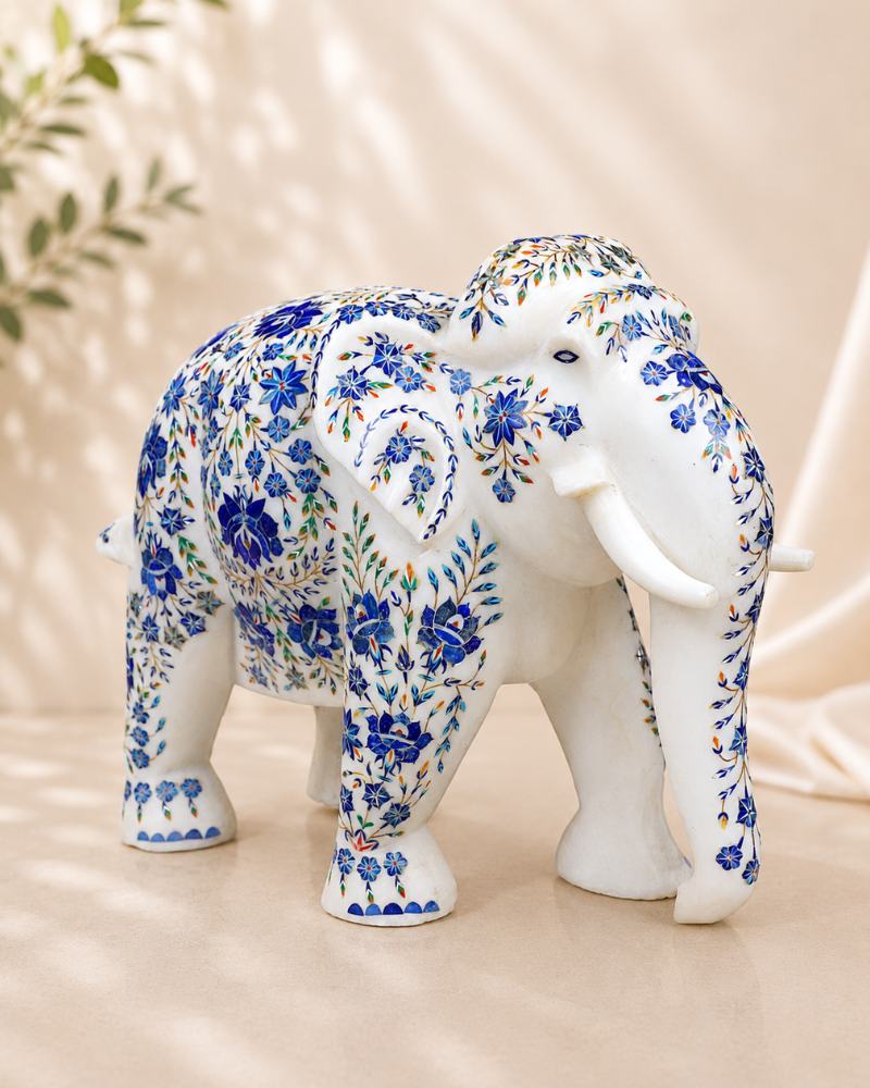 14-Inch Grand Blue Floral Inlay White Marble Elephant