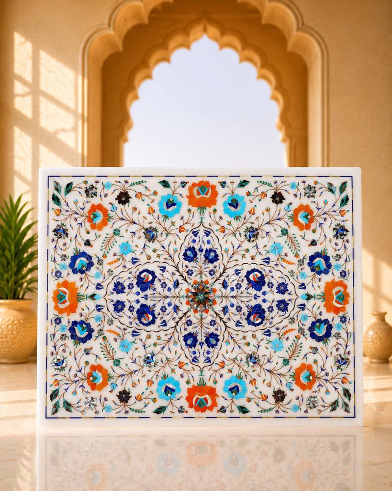 18x24-Inch Rectangular Floral Inlay White Marble Coffee Table