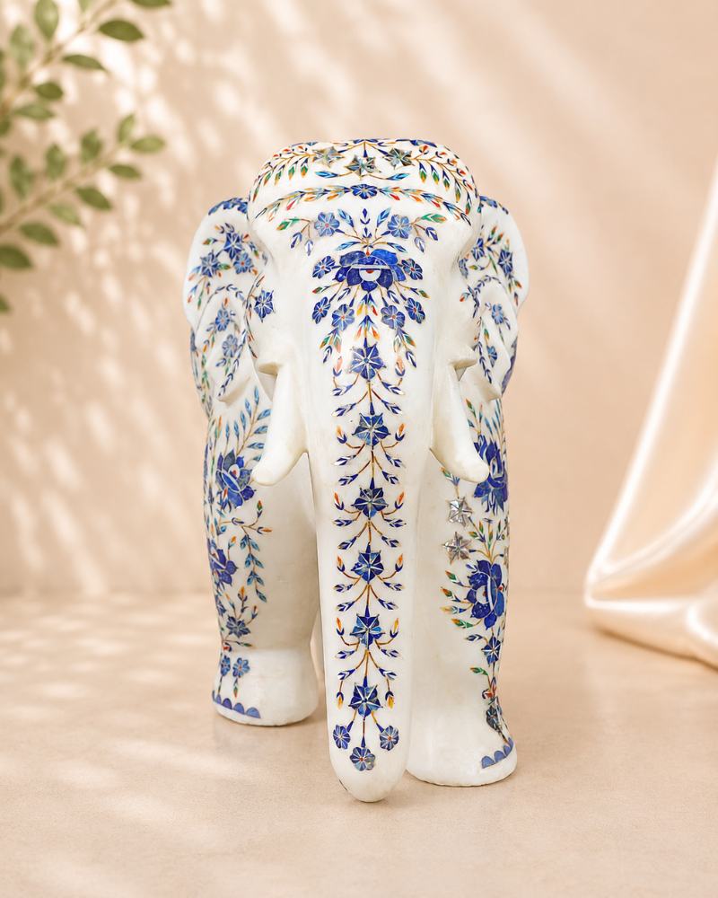 14-Inch Grand Blue Floral Inlay White Marble Elephant