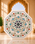 15-Inch Octagonal Floral Inlay White Marble Side Table