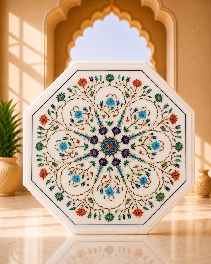 15-Inch Octagonal Floral Inlay White Marble Side Table