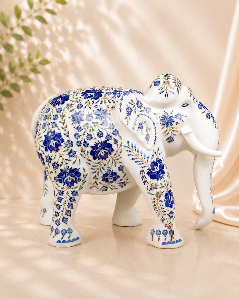14-Inch Grand Blue Floral Inlay White Marble Elephant
