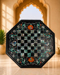 15-Inch Octagonal Floral Inlay Black Marble Chess Table Top