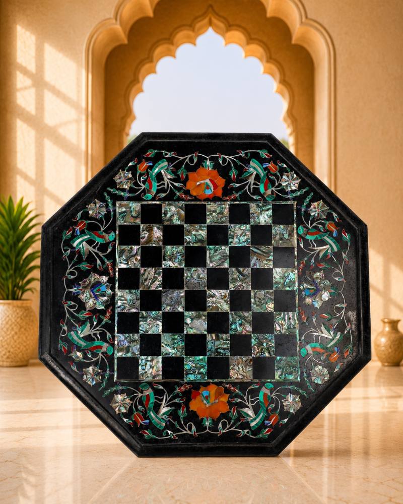 15-Inch Octagonal Floral Inlay Black Marble Chess Table Top