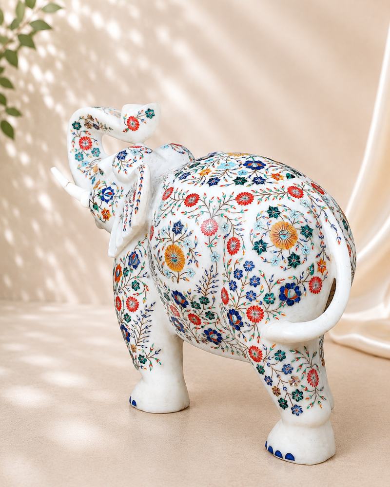 18-Inch Ornate Floral Inlay White Marble Elephant