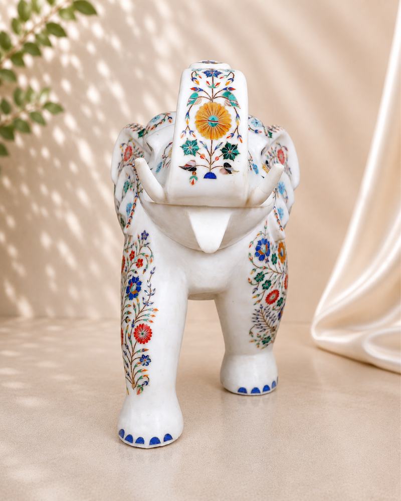 18-Inch Ornate Floral Inlay White Marble Elephant