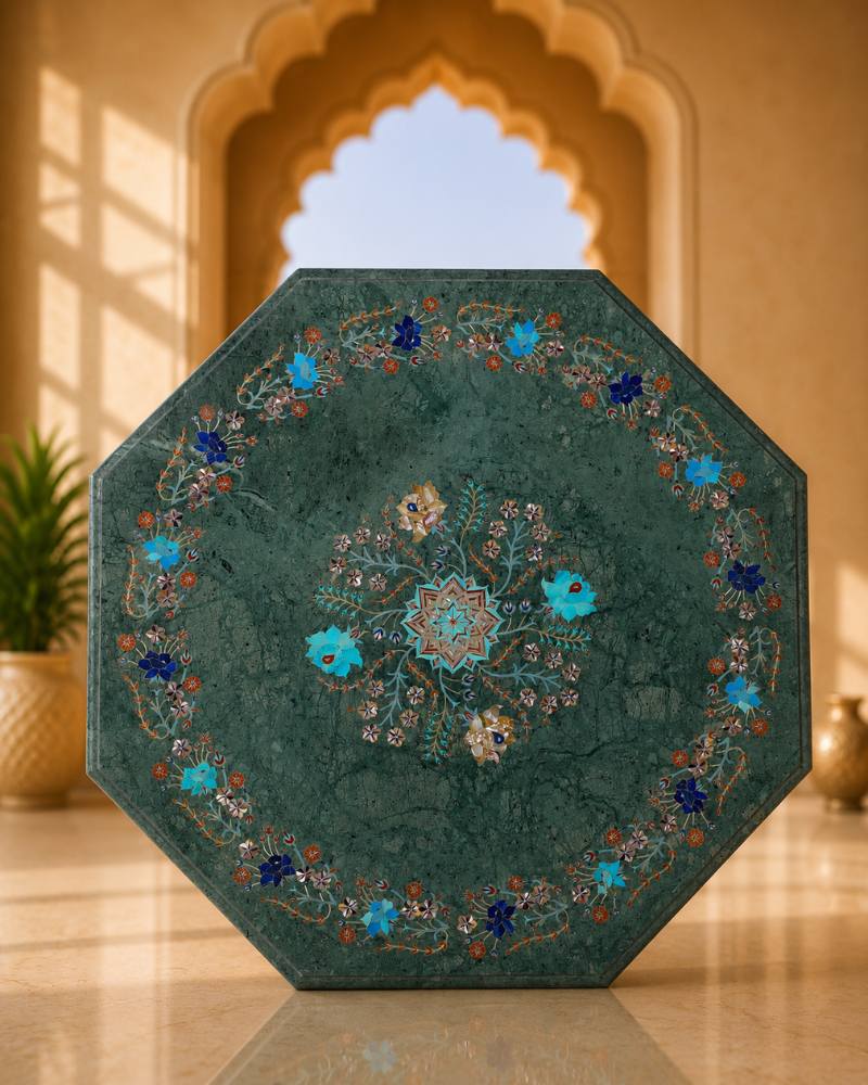 20-Inch Octagonal Floral Inlay Green Marble Coffee Table