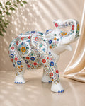 18-Inch Ornate Floral Inlay White Marble Elephant