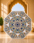 Artisanal 35-Inch Octagonal White Marble Coffee Table with Intricate Floral Inlay