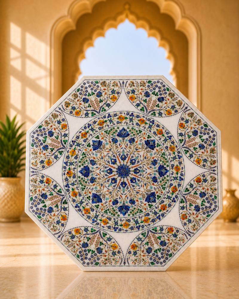 Artisanal 35-Inch Octagonal White Marble Coffee Table with Intricate Floral Inlay