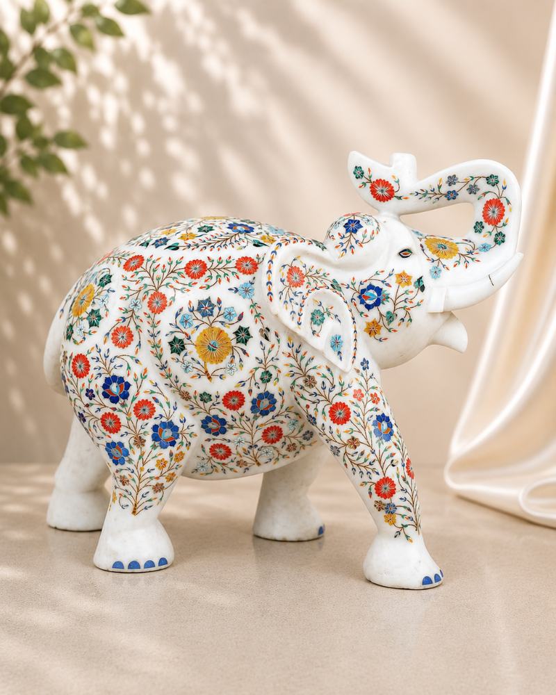 18-Inch Ornate Floral Inlay White Marble Elephant