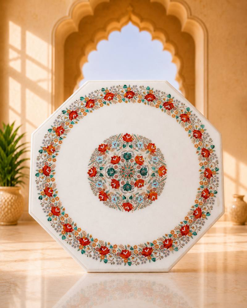 36-Inch Octagonal Floral Inlay White Marble Coffee Table