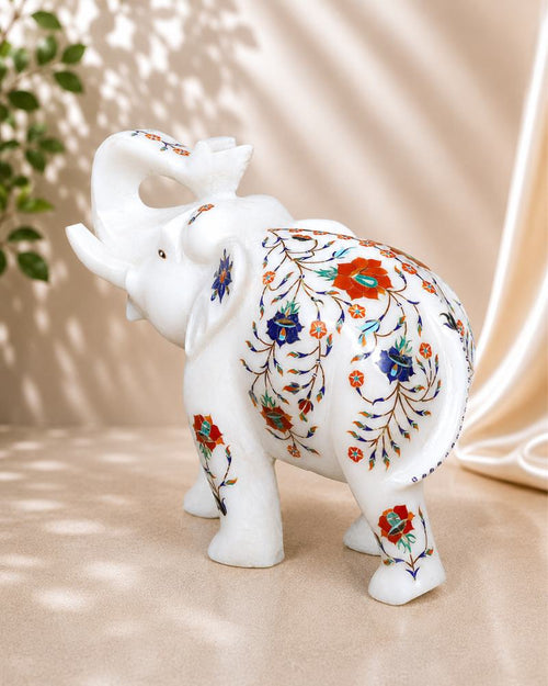 10-Inch Floral Inlay White Marble Elephant