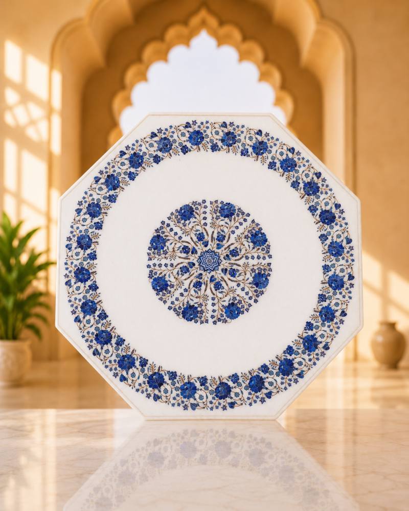 35-Inch Octagonal Floral Inlay White Marble Coffee Table
