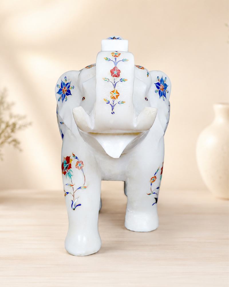 10-Inch Floral Inlay White Marble Elephant