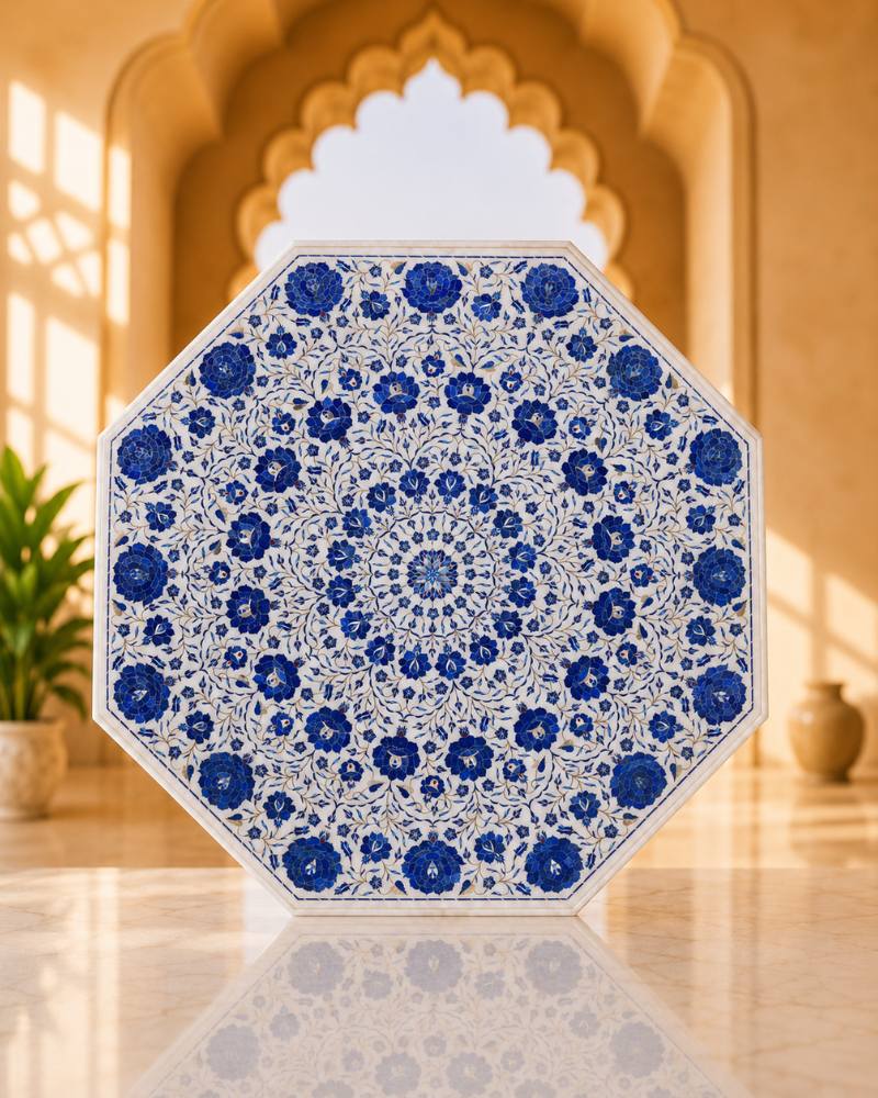 36-Inch Octagonal Cobalt Floral Inlay White Marble Coffee Table