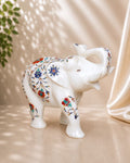 10-Inch Floral Inlay White Marble Elephant